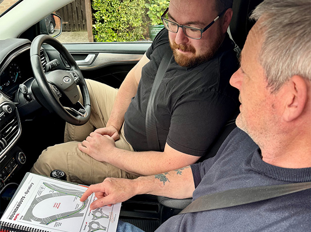 two men discussing driving instructions inside a car with a diagram for roundabouts strategies