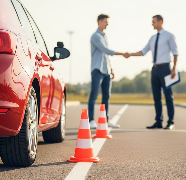 hands gripping steering wheel in car with clipboard indicating driving lesson or practice two different perspectives