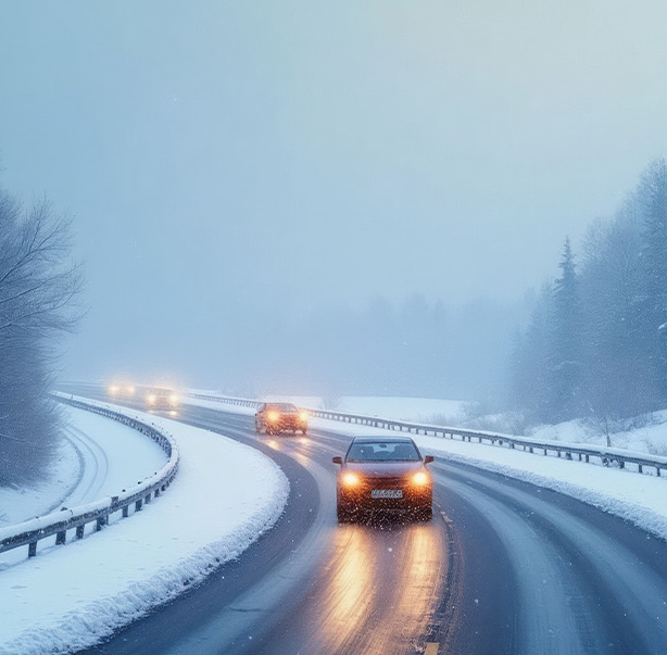 blue car damaged in snow near road in winter weather with two headlights in distance